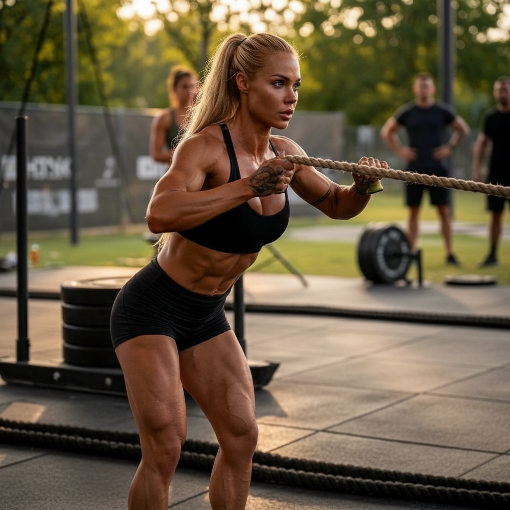 Estación HYROX Sled Pull con arrastre de trineo mediante cuerda en tarjeta informativa