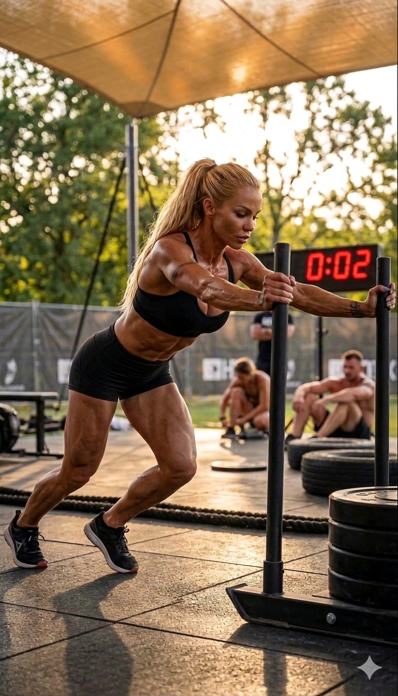 Estación HYROX Sled Push con empuje de trineo lastrado en pista indoor en tarjeta informativa